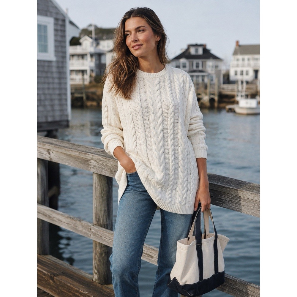 J. Jill Women's (M) Ivory Cable Knit Chenille Fisherman Sweater Tunic Coastal